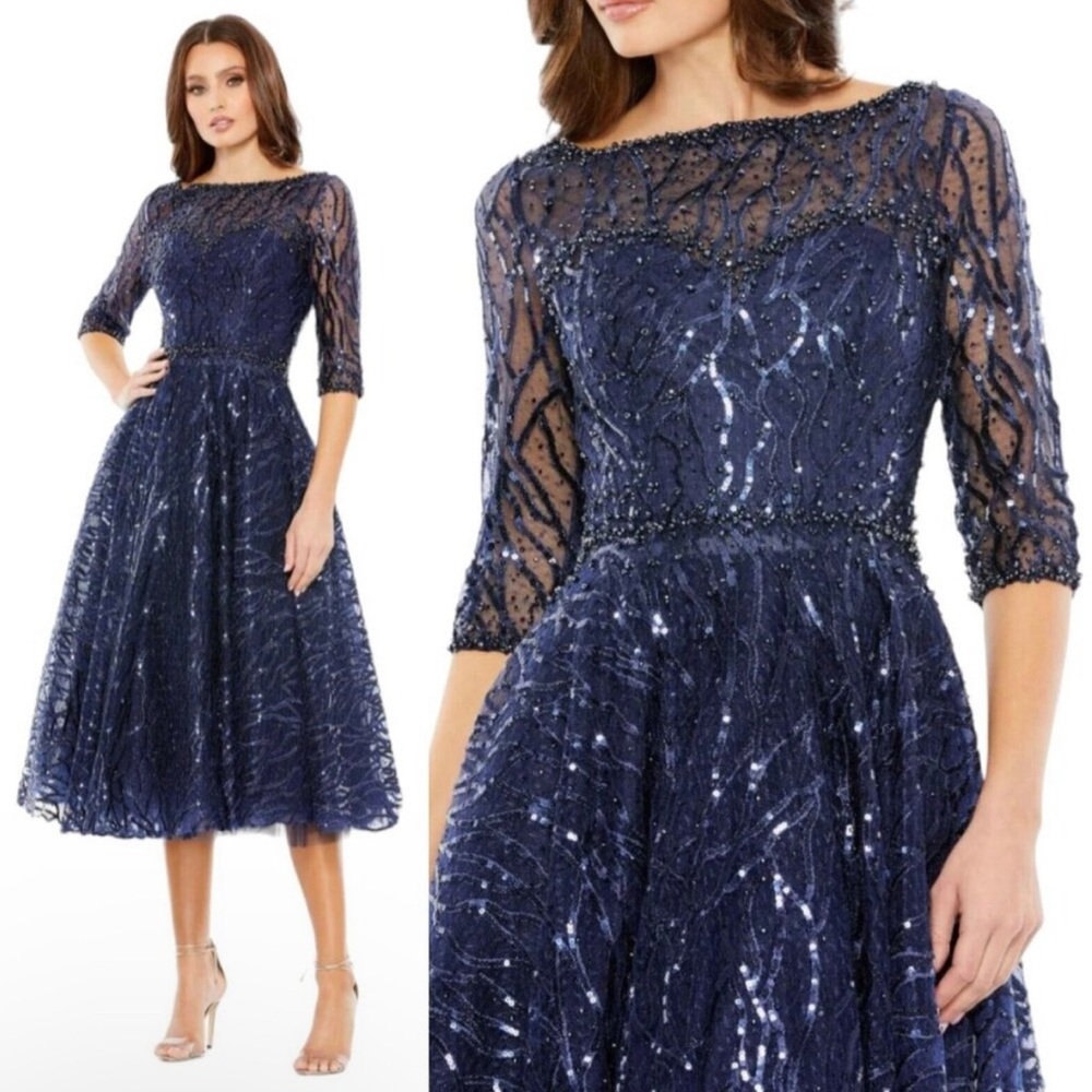 MAC DUGGAL New HIGH NECK Half SLEEVE EMBELLISHED DRESS 20252 NAVY BLUE